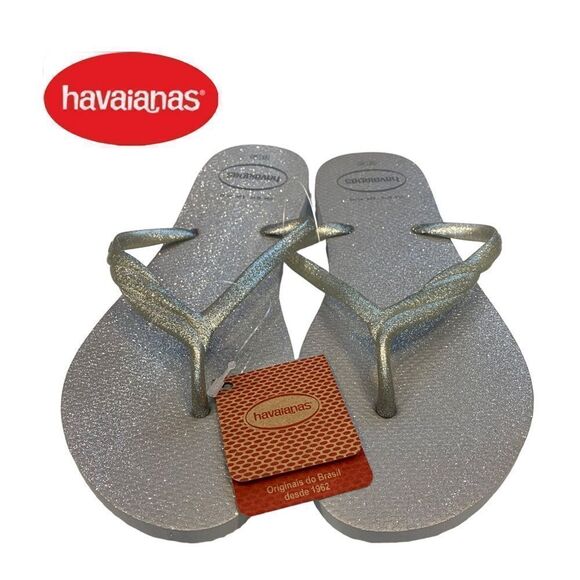 NEW with Tag Havaianas Fantasia Gloss Sparkly Silver Ice Grey Flip Flops Sandals - Picture 3 of 4